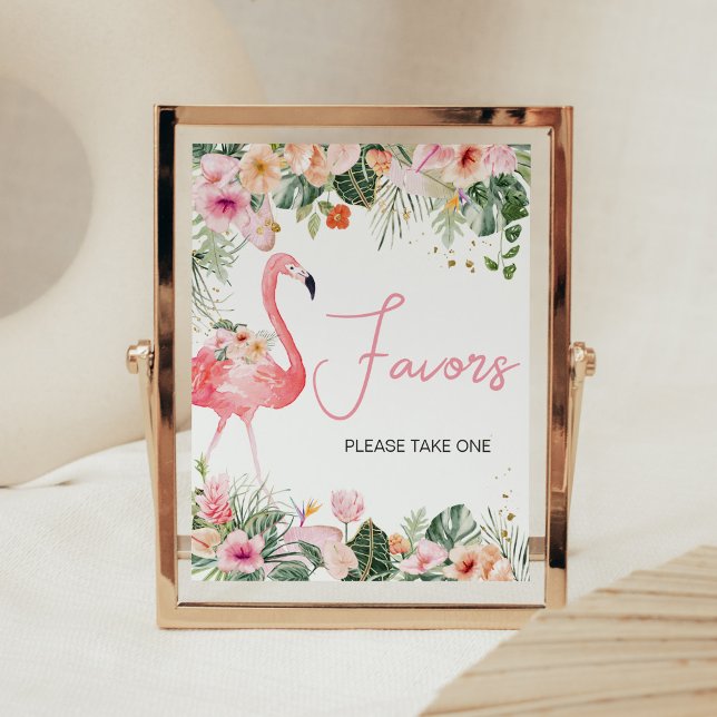 Poster Favores do Chá de fraldas Tropical Flamingo (Floral Flamingle Baby Shower Favors Sign)