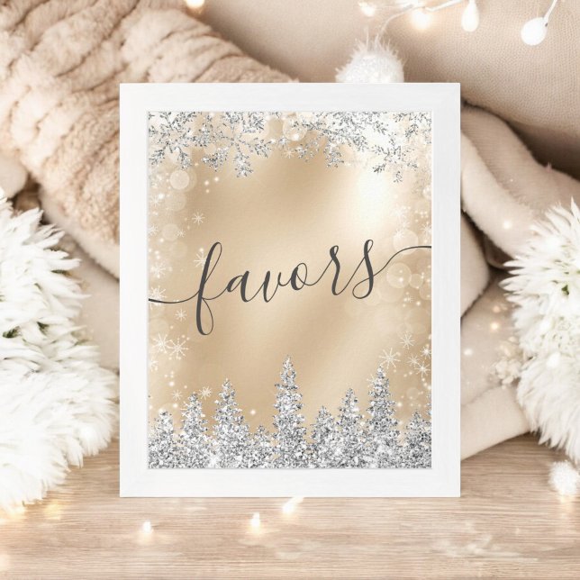 Poster Favores do Chá de panela de Prata Dourado na Wonde (Winter Wonderland Gold Silver Bridal Shower Favors Poster)
