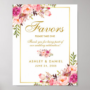 Poster Favores Dourados cor-de-rosa florais do casamento