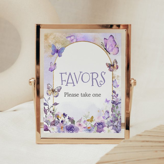 Poster Favoritos de Chá de fraldas de borboleta Floral En (Enchanted Floral Butterfly Arch Baby Shower Favors Sign)