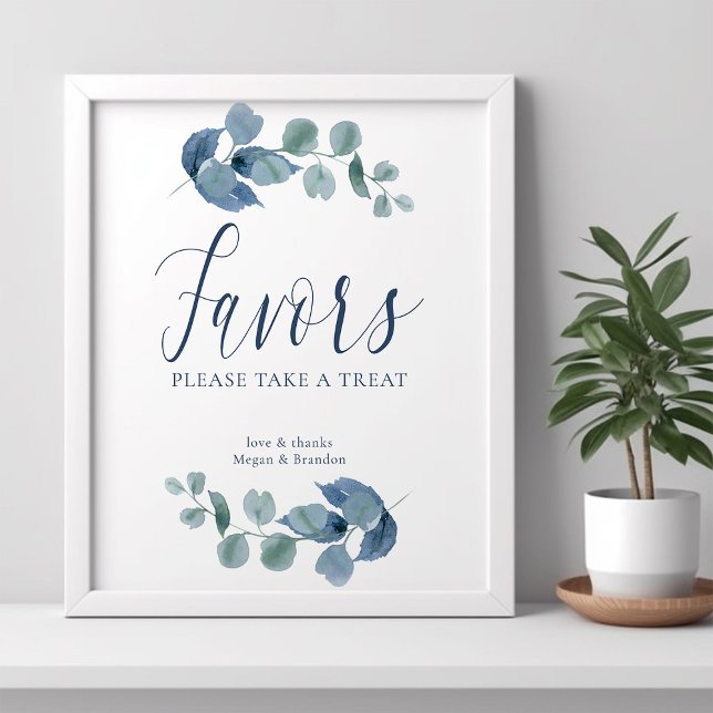 Poster Favoritos de folhagem de eucalipto em aquarela sim (Favors Poster from the Dusty Eucalpytus wedding collection by Darling & May)