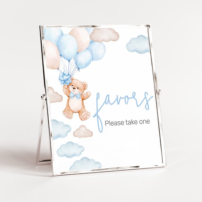 Poster Favoritos do Chá de fraldas do Balão do Urso Azul (Blue Baby Bear Balloon Baby Shower Favors Sign)