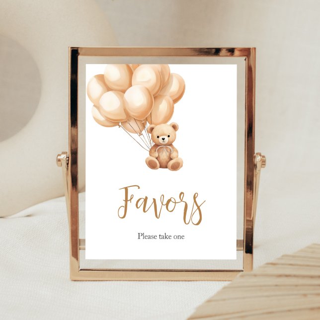 Poster Favoritos do Chá de fraldas do Balão do Urso Brown (We Can Bearly Wait Baby Shower Favors Sign)