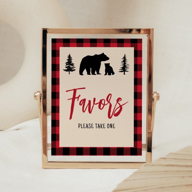 Poster Favoritos do Chá de fraldas Lumberjack do Cubo do  (Bear Cub Plaid Lumberjack Baby Shower Favors Sign)