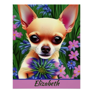 Póster Fawn Chihuahua Puppy no Prado Flor Personalizado