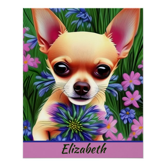 Póster Fawn Chihuahua Puppy no Prado Flor Personalizado (Frente)