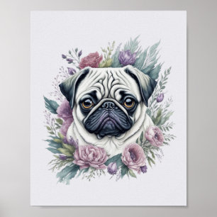 Poster Fawn Pug Watercolor Floral