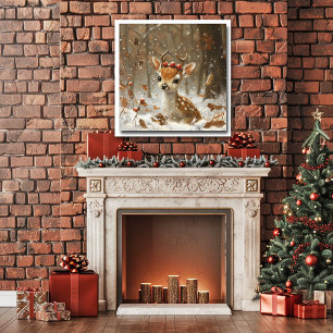 Poster Fawn Red Berries Snow Forest Caindo Folhas