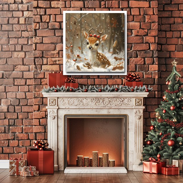 Poster Fawn Red Berries Snow Forest Caindo Folhas (Criador carregado)