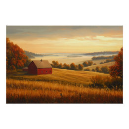 Póster Fazenda ao Nascer do Sol com Colinas Onduladas