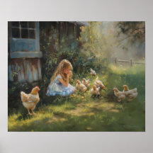 Fazenda Girl with Chickens Farmhouse Homestead art