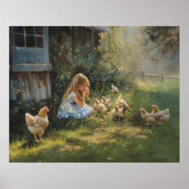 Poster Fazenda Girl with Chickens Farmhouse Homestead art
