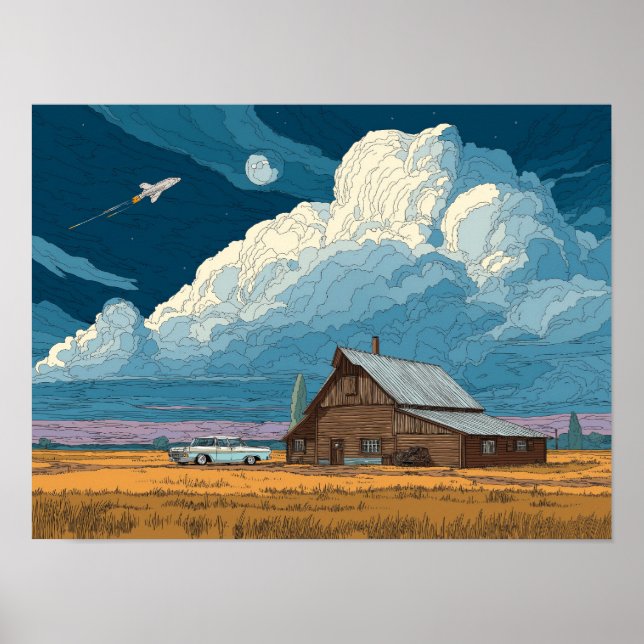 Poster Fazenda Surreal de Ficção Científica com Ilustraçã (Frente)