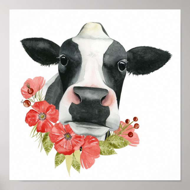 Poster Fazenda - Vaca com Flores (Frente)