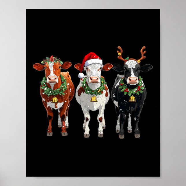 Poster Fazenda Vaca Reindeer Santa Hábito Luzes De Natal  (Frente)