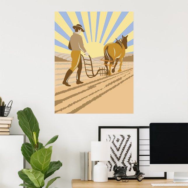 Poster Fazendeiro e Cavalo Arando Campo Sol Nascente Retr (Criador carregado)