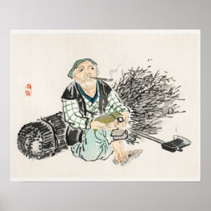 Poster Fazendeiro fumador com galhos de Kōno Bairei