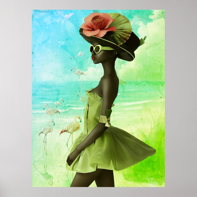 Poster *~* FD2 25 Bold Flamingo, Mulher Negra Tropical (Frente)