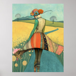 Poster FD2 Floral Retro Caprichoso Arte de Menina Vintage