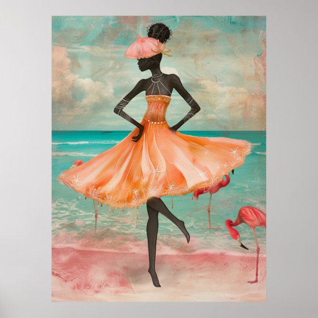 Poster *~* FD2 Mulher Negra Tropical Flamingo Rosa Rosa 2 (Frente)