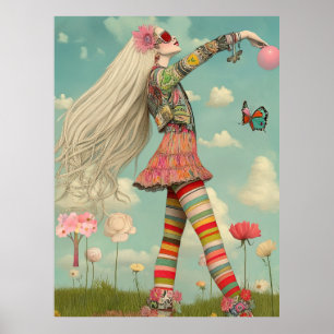 Poster FD2 Retro Caprichosa Arte de Garota Vintage Floral