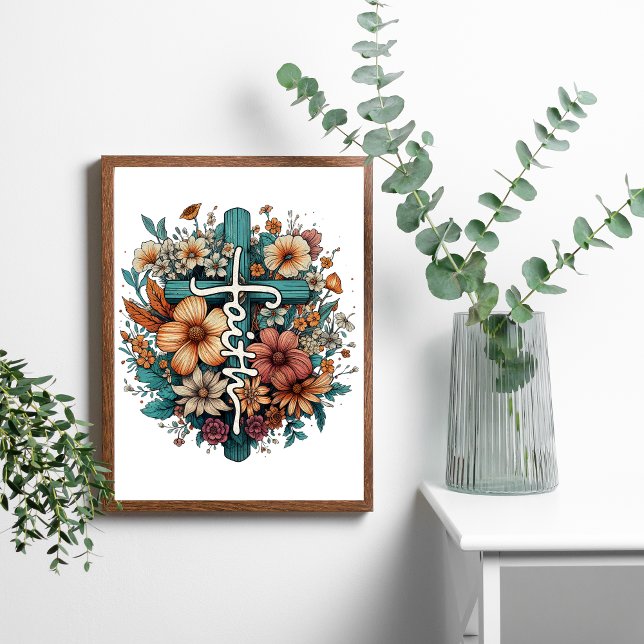 Poster Fé Flores Cruz Religiosa Cristã (Faith written on a Cross with Flowers wall art poster print. Or Digital Download)
