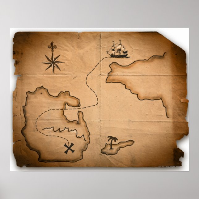 Póster Fechar mapa mundial antigo com rota de navio (Frente)