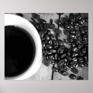 Poster Feijões de café preto e branco e uma taça de café