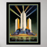 Poster Feira Mundial das Três Torres Fluidas 1933<br><div class="desc">Colorida,  Art Deco,  poster com as Três Torres Flutuadas na Feira Mundial de Chicago de 1933.</div>