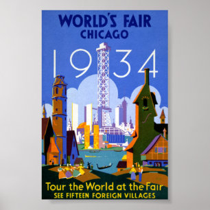 Poster Feira Mundial de Chicago 1934 Cartaz de Viagem Ant