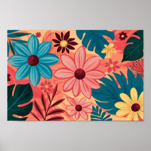 Poster Felicidade Floral Colorida em Tons Quentes de Fund