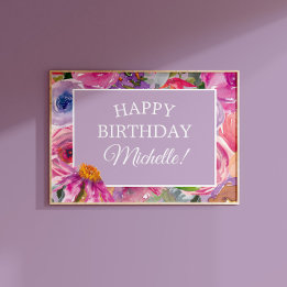 Poster Felicidades Flores Silvestres Aquarela Rosa Roxo