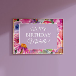 Poster Felicidades Flores Silvestres Aquarela Rosa Roxo