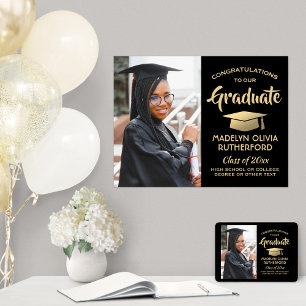Poster Felicita Foto Elegante Preto e Graduação Dourada