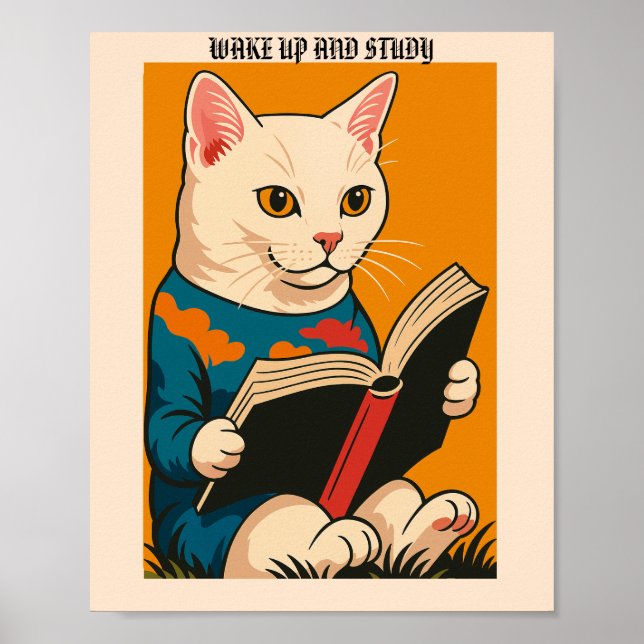 Poster Feline Lendo Com Um Livro — Acorde E Estude!  (Frente)