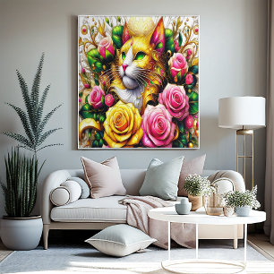 Poster Felino em meio a Bloom Floral Vibrante 16x12