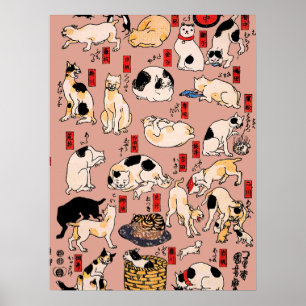 Poster felinos japoneses gatinho Ukiyo-e engraçado