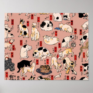 Poster felinos japoneses gatinho Ukiyo-e engraçado