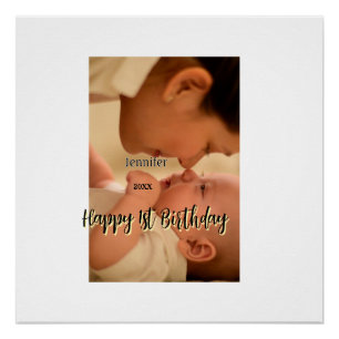 Póster Feliz 1º aniversário crianças bebê mãe preto amare