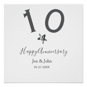 Póster Feliz 10.º aniversário nome data cinza estrela de