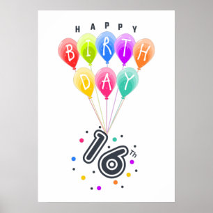 Poster Feliz 16º aniversário com balões coloridos