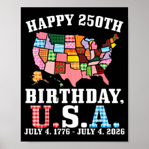Poster Feliz 250º Aniversário EUA Mapa Bandeira Americana