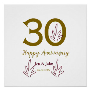 Póster Feliz 30º aniversário nome data folha vermelha dou