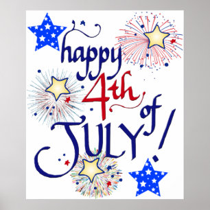 Poster Feliz 4 de julho! com fogos de artifício e estrel