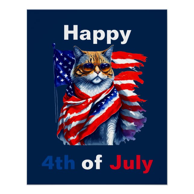 Póster Feliz 4 de julho, Patriótico gato bandeira america (Frente)