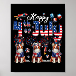 Poster Feliz 4 de Julho Três Cachorros Pastor Australiano
