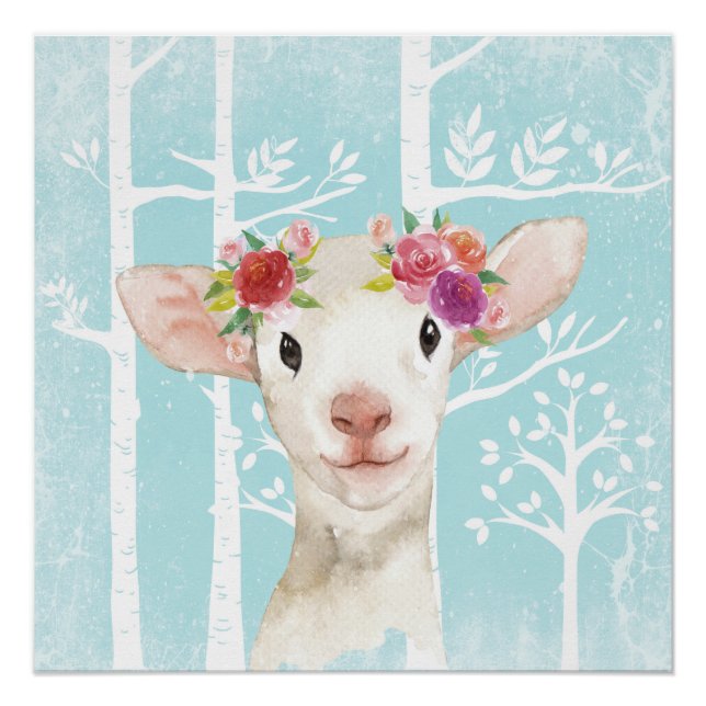 Póster Feliz Animal com Flores em Floresta Azul-Ovinos (Frente)