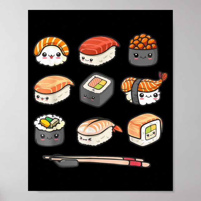 Poster Feliz anime Sushi Kawaii set Comida japonesa Lover (Frente)