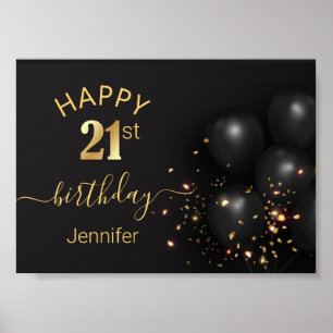 Poster feliz aniversário 21 balões negros ouros confetti