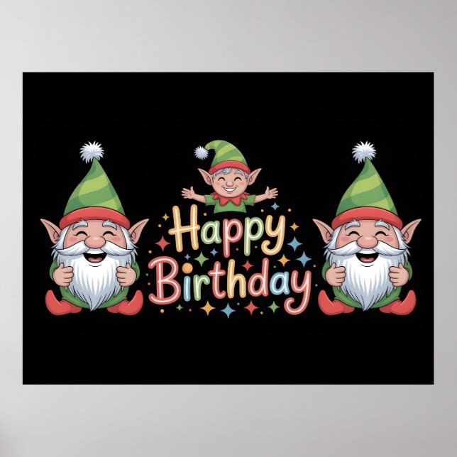 Poster Feliz Aniversário ao Design de Gnome e Elfo (Frente)